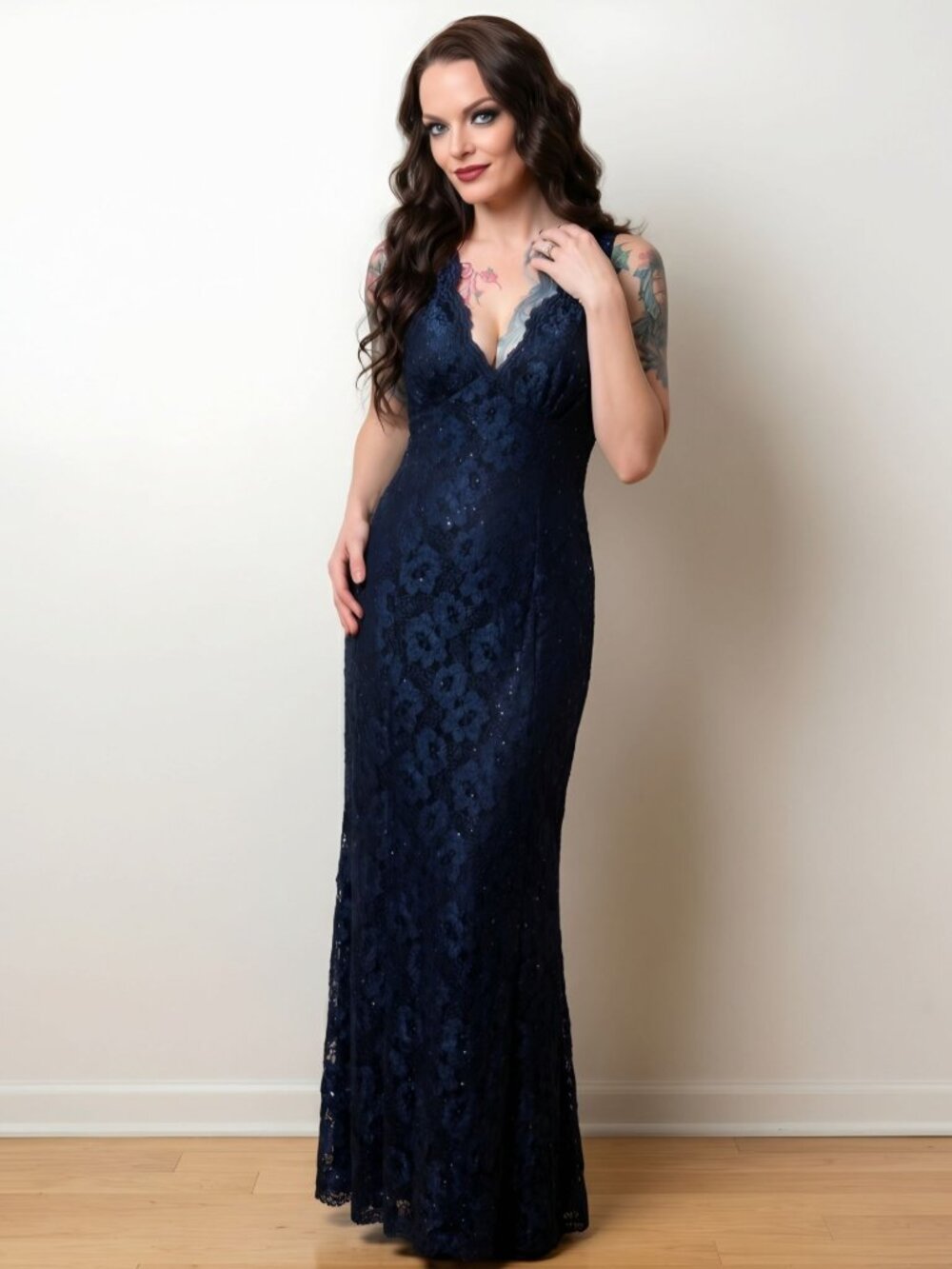 CDC Evening ✦ Floor Length Gown ✦ Navy Blue Lace Sleeveless V-Neck Formal Maxi 6
